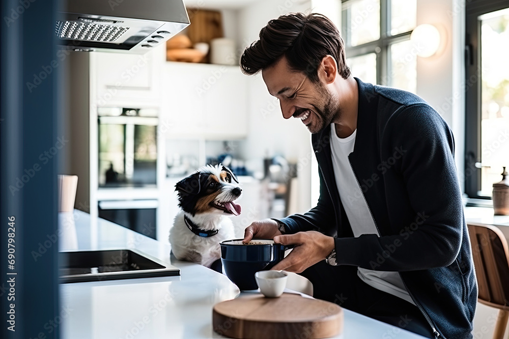 Caucasian man in the kitchen, preparing a tasty meal with dog. Handsome chef in apron, creating culinary delights. - obrazy, fototapety, plakaty 