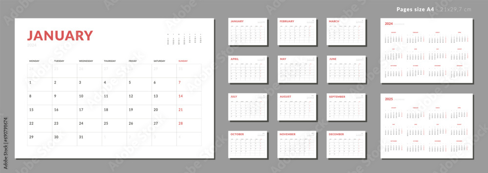 Set of Monthly page Calendar Planner Template 2024 and annual calendar of 2025. Vector layout of a wall or desk calendar with week start Monday. Pages for size A4. Isolated Calendar grid for print Set of Monthly page Calendar Planner Template 2024 and annual calendar of 2025. Vector layout of a wall or desk calendar with week start Monday. Pages for size A4. Isolated Calendar grid for print