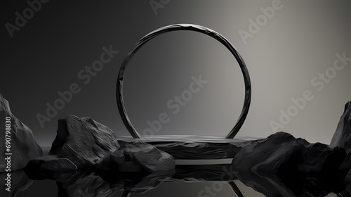 3D rendering dark gray and silver base product booth, podium, stage, product commercial photography background, product cosmetic display