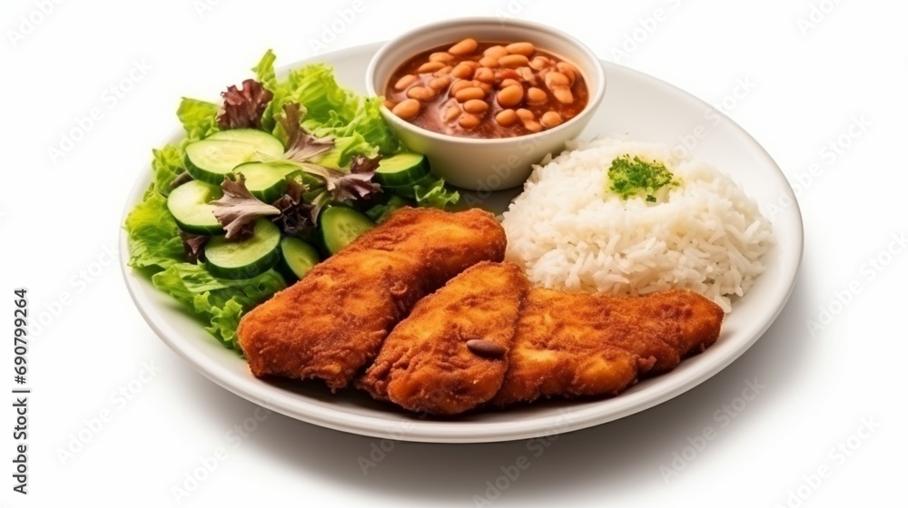 chicken fillet, rice, beans, manioc flour and salad on white background, typical brazilian food.