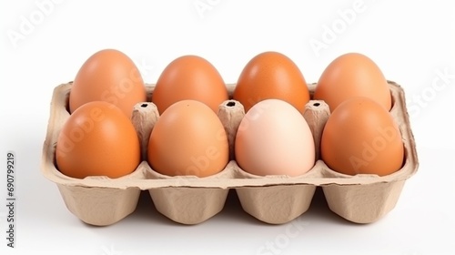 Chicken eggs in open carton box isolated on white background. Hen healthy eating. © Hanzala