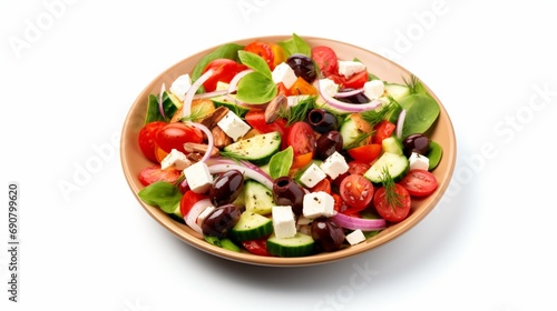 Classic Greek salad with fresh vegetables, feta cheese and olives. Healthy food. isolated on white background. top view