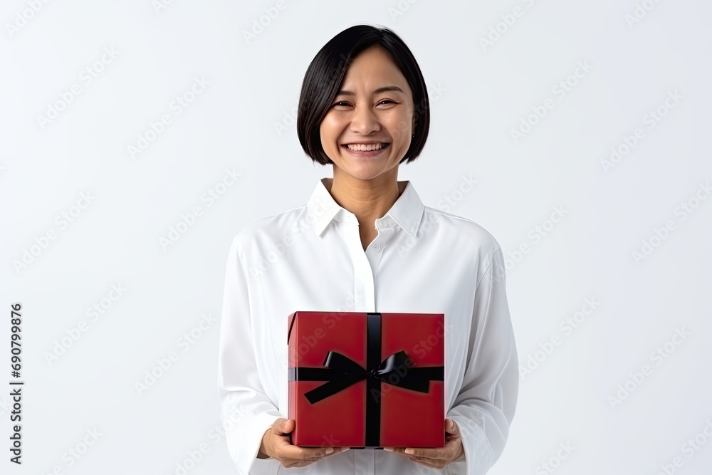 A young, charming Asian woman holds a beautifully wrapped present, exuding elegance and joy in celebration. A young, charming Asian woman holds a beautifully wrapped present, exuding elegance and joy in celebration.