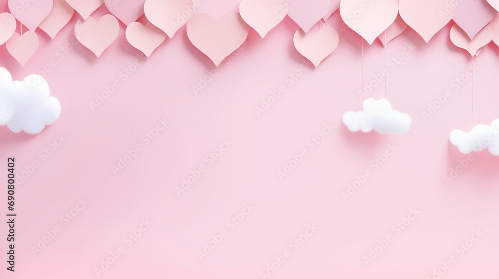 banner of sweet pink background consist two tone of realist heart shapes located beside paper in middle and paper craft stuffs are bunting and clouds