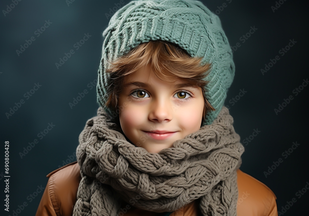 Child dressed warmly in a woolen hat and scarf. Winter time. Studio photo. AI generated Child dressed warmly in a woolen hat and scarf. Winter time. Studio photo. AI generated