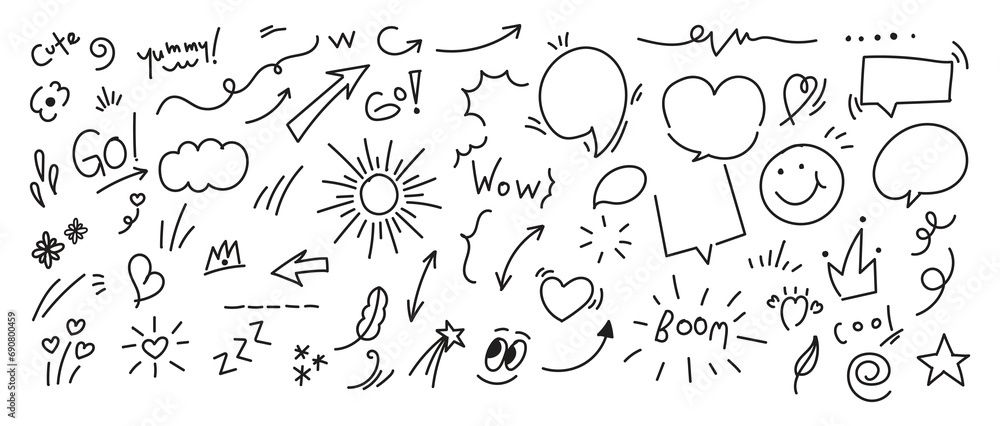 Set of cute pen line doodle element vector. Hand drawn doodle style collection of heart, arrows, scribble, speech bubble, flower, stars, words. 