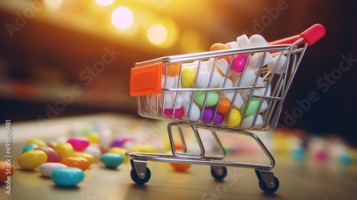 Shopping cart filled with medicine capsules photo