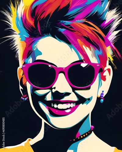 Portrait image featuring a cool retro punk girl with sunglasses and short colorful hair. Color splash pop art. Happy  smiling techno punk rave girl.