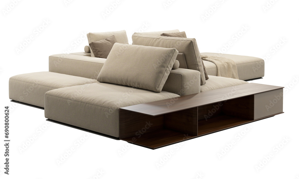 Modern beige fabric upholstery sofa with pillows and knitted plaid. 3d render. Modern beige fabric upholstery sofa with pillows and knitted plaid. 3d render.