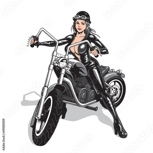 Biker woman in black latex suit driving chopper motorcycle. Attractive girl and motorbike. Vector illustration.