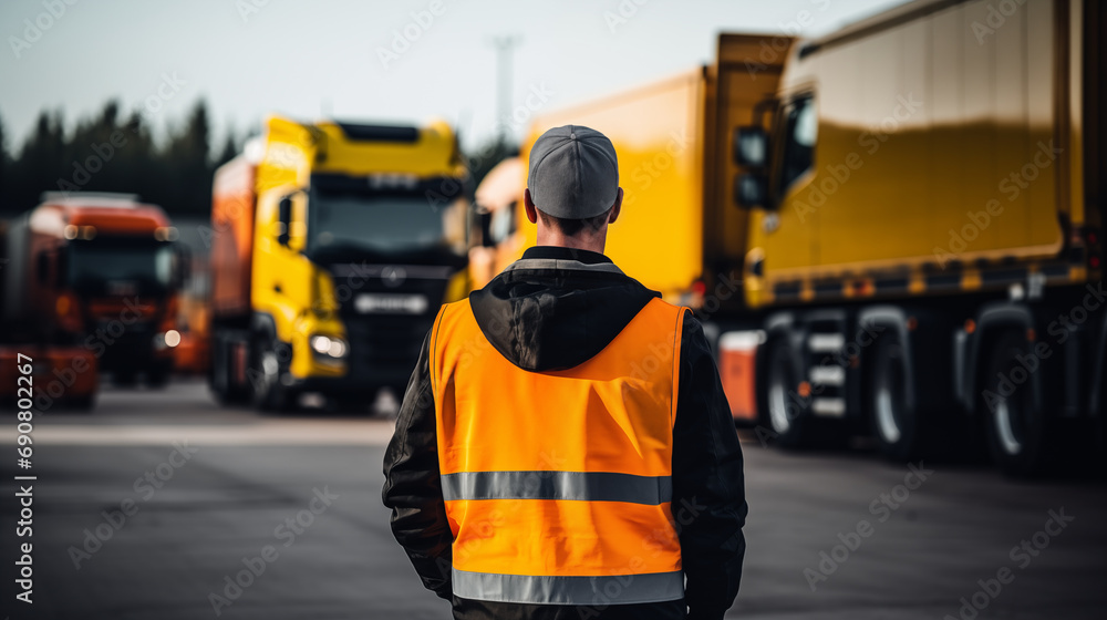 A truck driver standing by while loading heavy machinery, Truck driver, blurred background, with copy space A truck driver standing by while loading heavy machinery, Truck driver, blurred background, with copy space