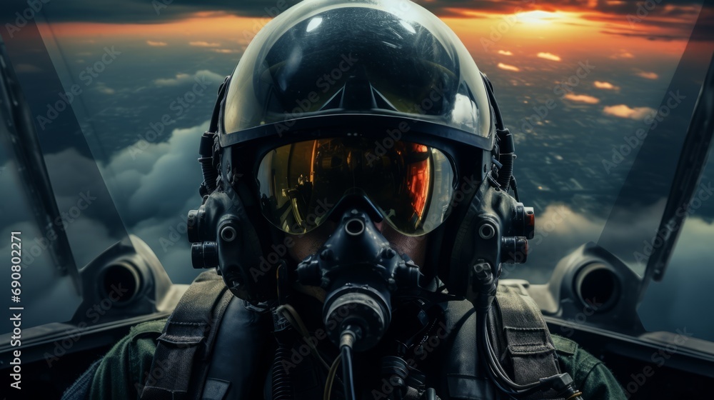 Fototapeta premium Fighter Pilot in flight wearing flying helmet, dark visor and oxygen mask