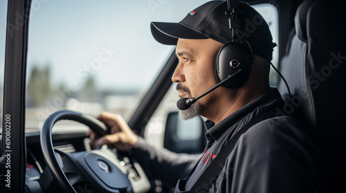 A truck driver with a headset communicating while driving, Truck driver, blurred background, with copy space