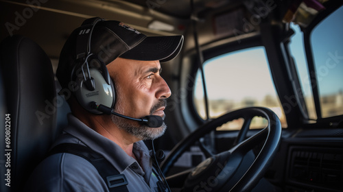 A truck driver with a headset communicating while driving, Truck driver, blurred background, with copy space © Катерина Євтехова