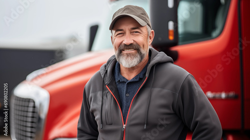 A truck driver in casual attire leaning against his truck, Truck driver, blurred background, with copy space