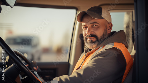 A truck driver with a serious expression, focused on safety, Truck driver, blurred background, with copy space © Катерина Євтехова