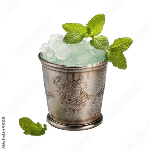 A Mint Julep in a Silver Julep Cup Overflowing With Crushed Ice and Garnished With a Mint Sprig. Transparent Background. Cutout PNG. photo