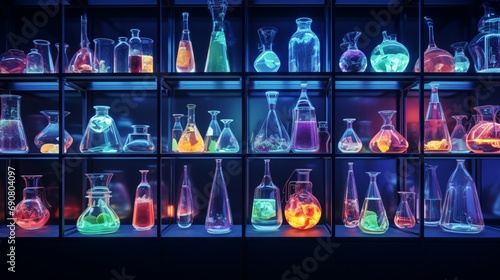 An ultra-modern, glass shelf filled with Halloween-themed scientific potion bottles. The bottles are sleek and contain bubbling, colorful liquids.