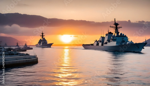 Military navy ships in a sea bay at sunset