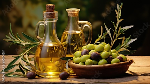 Olives and olive oil in a bottle