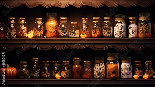 A close-up image of a shelf with small, ornate, Halloween-themed jars, each meticulously crafted with fine details
