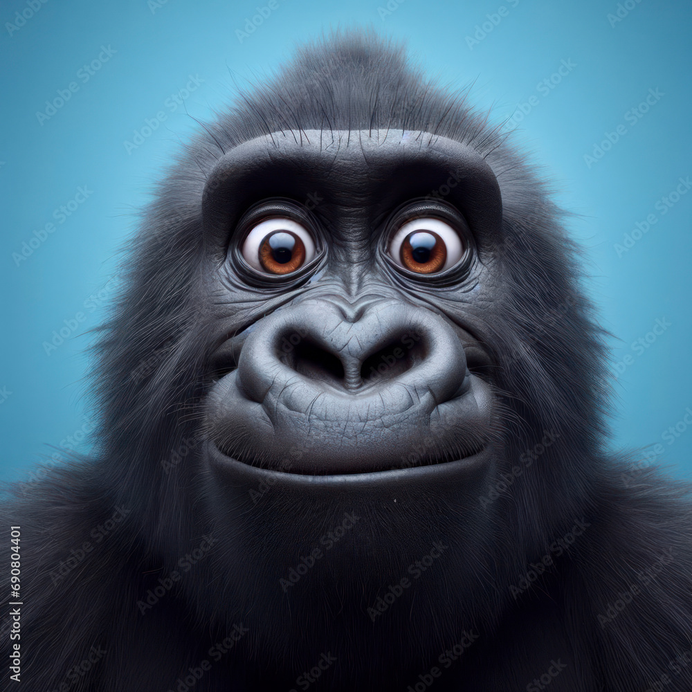 Obraz premium Closeup Funny Portrait of surprised gorilla with Huge Eyes on solid blue background, wide angle shot. ai generative