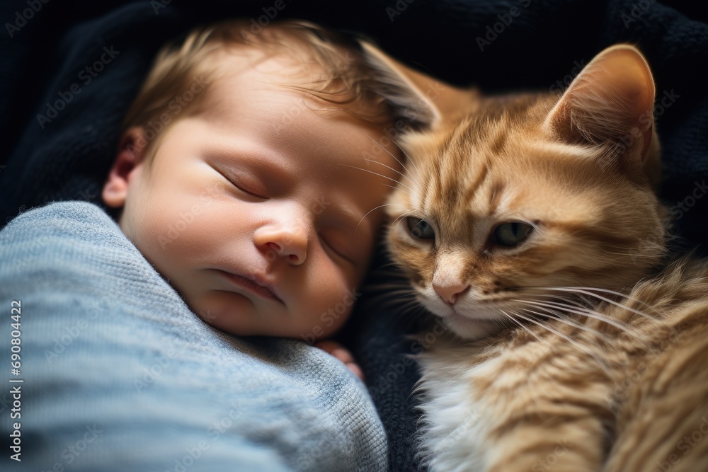 Newborn baby and cat