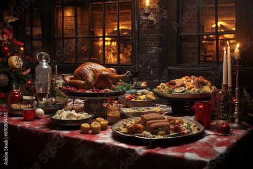 holidays and celebration concept - multiethnic group of happy friends having christmas dinner at home