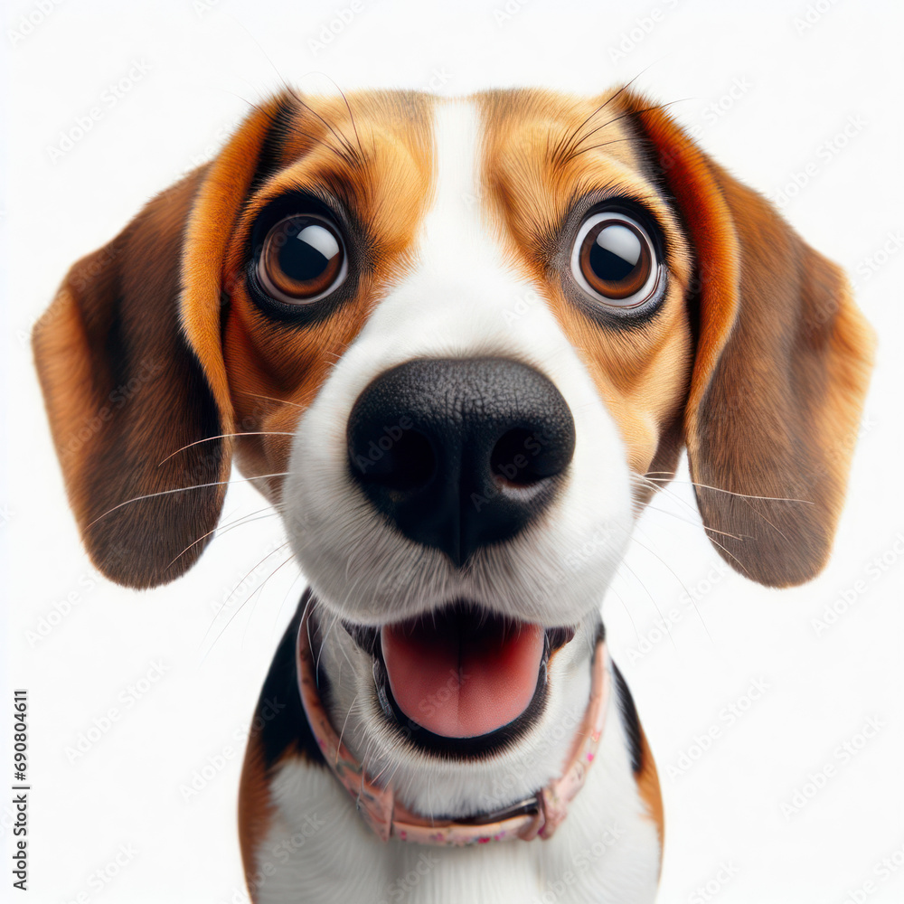 Closeup Funny Portrait of surprised beagle dog with Huge Eyes on solid white background, wide angle shot. ai generative