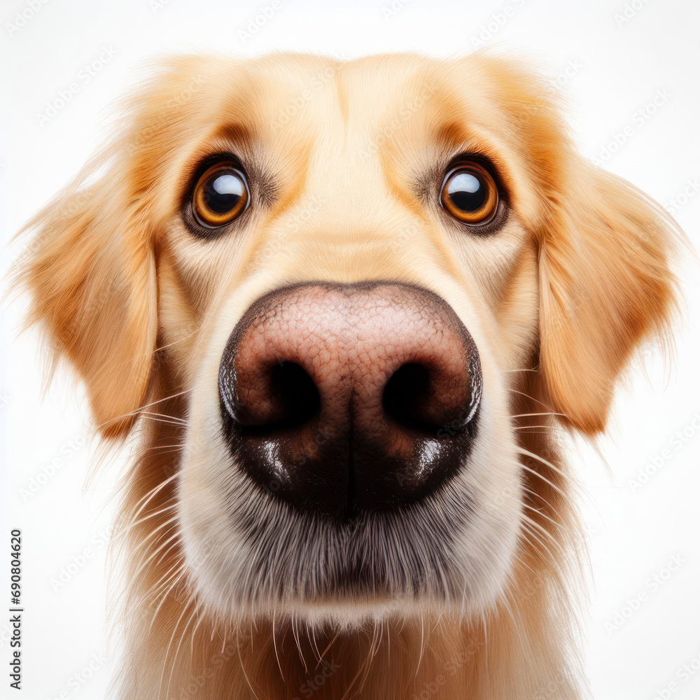 Closeup Portrait of surprised Golden retriever dog with Huge Eyes on white background, wide angle shot. ai generative