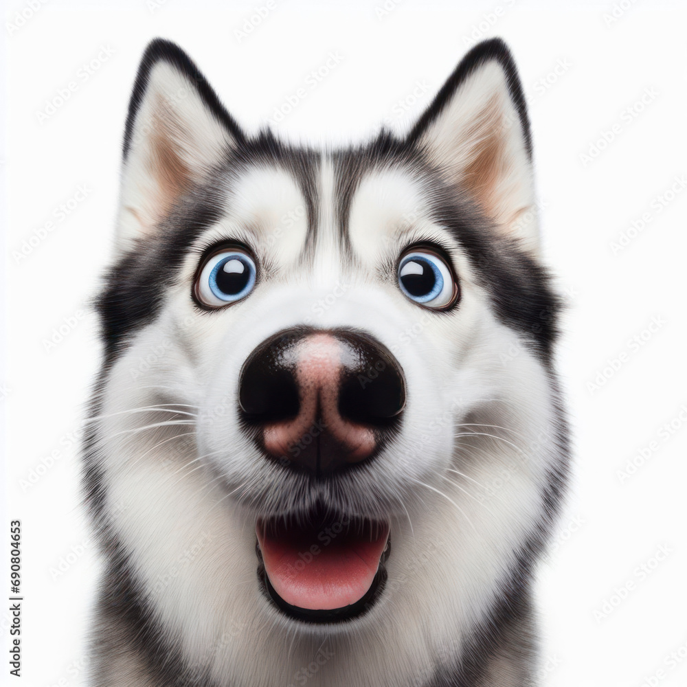 Photo Closeup Funny Portrait of surprised blue eyed Siberian Husky dog with Huge Eyes. ai generative