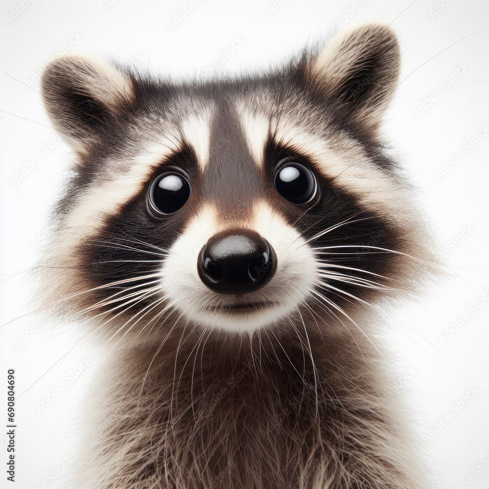 Closeup Funny Portrait of surprised raccoon with Huge Eyes on solid white background, wide angle shot. ai generative