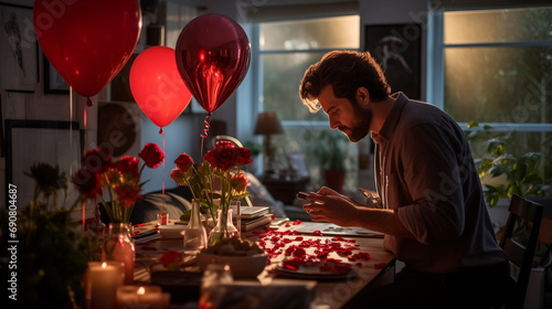 A man is preparing the decoration for a romantic dinner on Valentine s Day to celebrate with love and passion with red roses and red balloons
