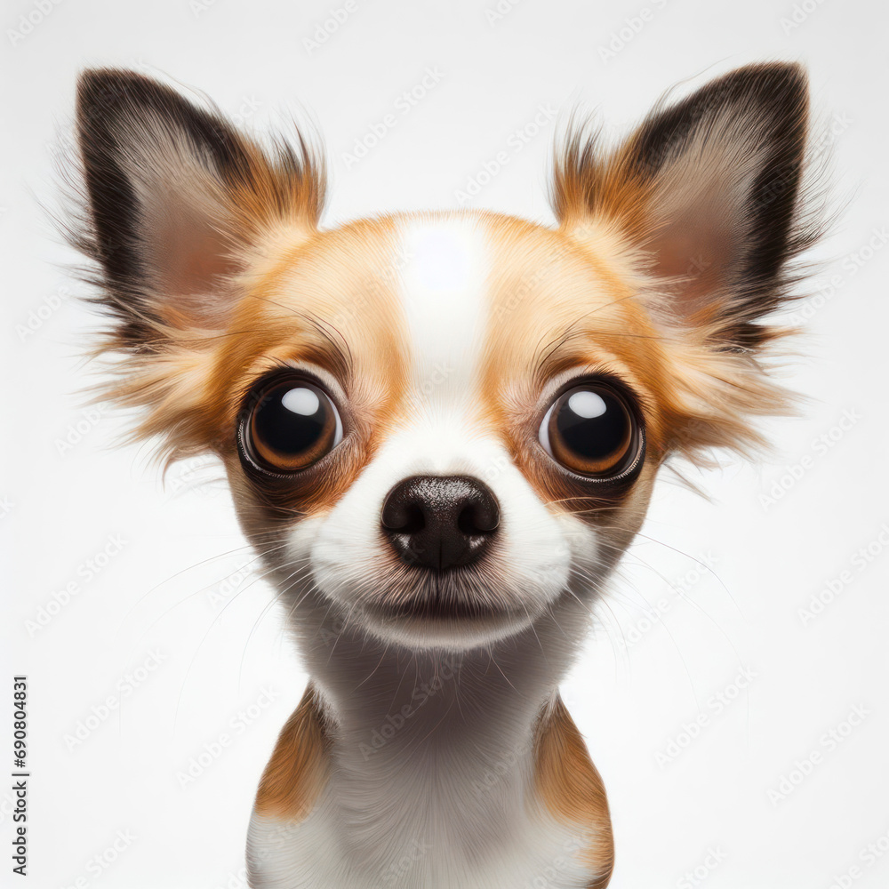 Closeup Funny Portrait of surprised chihuahua dog with Huge Eyes on white background, wide angle shot. ai generative