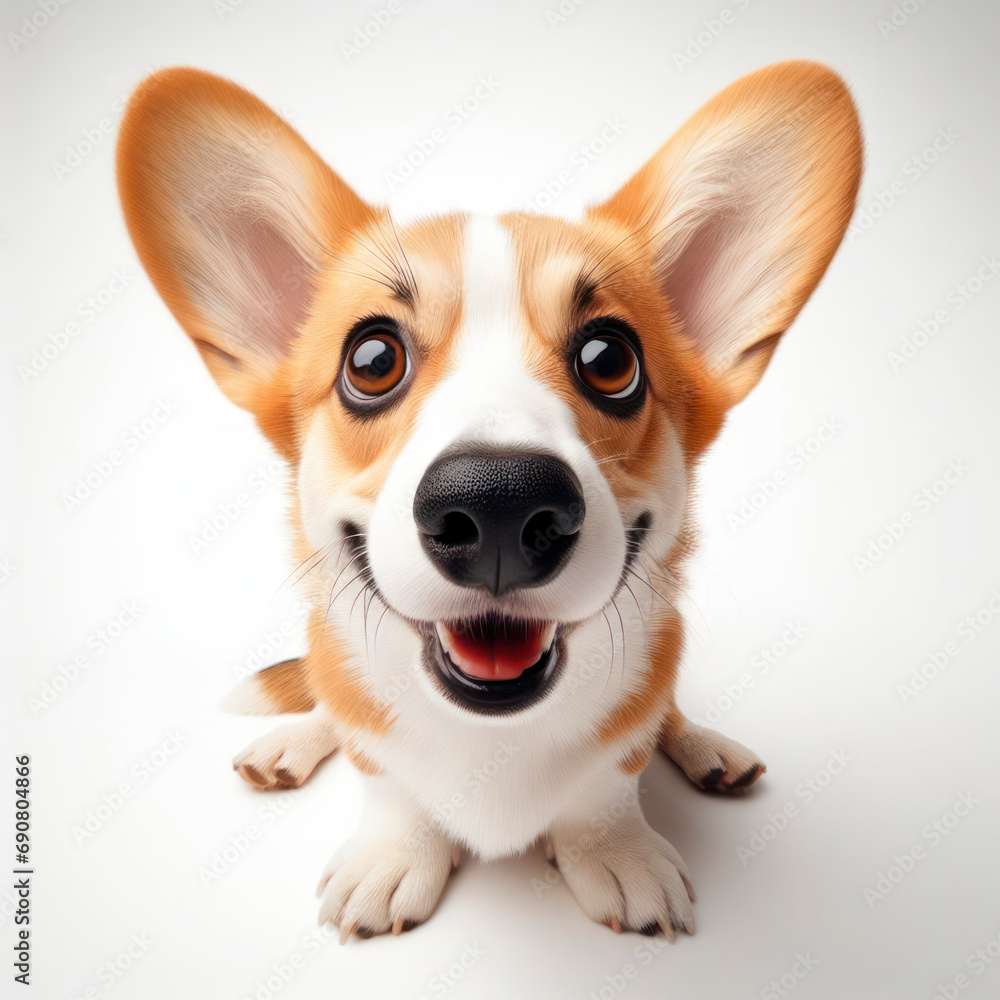 Closeup Funny Portrait of surprised corgi dog with Huge Eyes on solid white background, wide angle shot. ai generative Closeup Funny Portrait of surprised corgi dog with Huge Eyes on solid white background, wide angle shot. ai generative