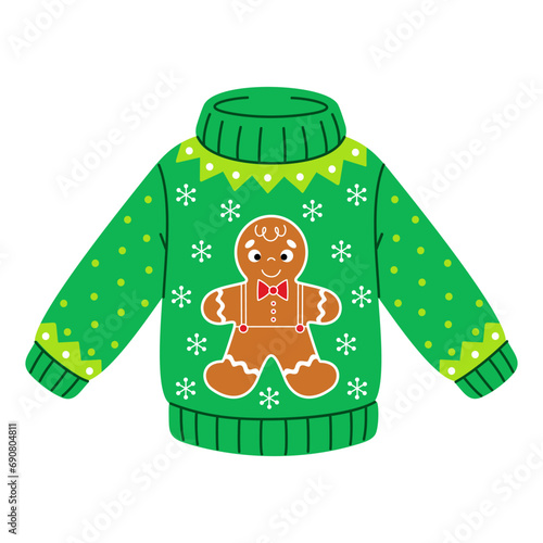 Christmas ugly sweater with gingerbread man and snowflakes. New Year funny jumper in cartoon flat style. Isolated festive winter clothes vector illustration on a white background for holiday design.