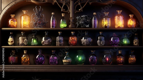 A photograph of a Victorian-style shelf with elegant, Halloween-themed potion bottles © SardarMuhammad