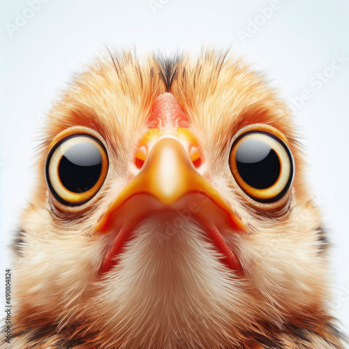 Closeup Funny Portrait of surprised chicken with Huge Eyes on solid white background, wide angle shot. ai generative