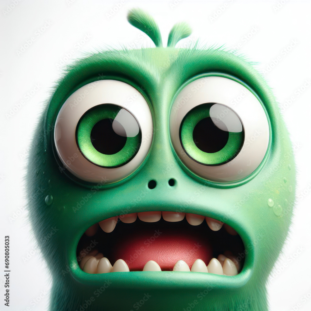 Closeup Funny Portrait of surprised green monster with Huge Eyes, wide angle shot. ai generative