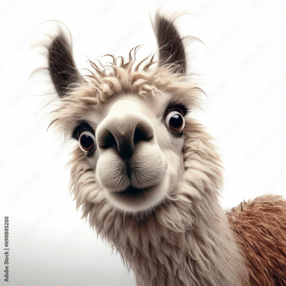 Closeup Funny Portrait of surprised llama with Huge Eyes on solid white background, wide angle shot. ai generative