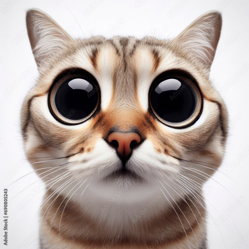Closeup Funny Portrait of surprised ocicat with Huge Eyes on solid white background, wide angle shot. ai generative