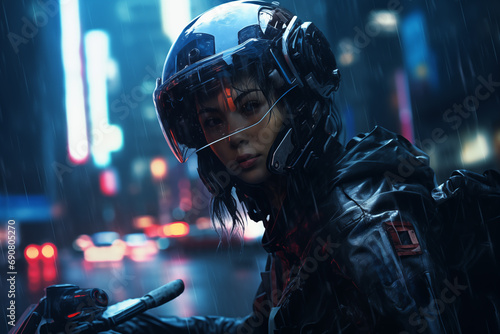 Obraz na płótnie portrait of a girl in a motorcycle helmet against the backdrop of a night city, neon light and rain w salonie