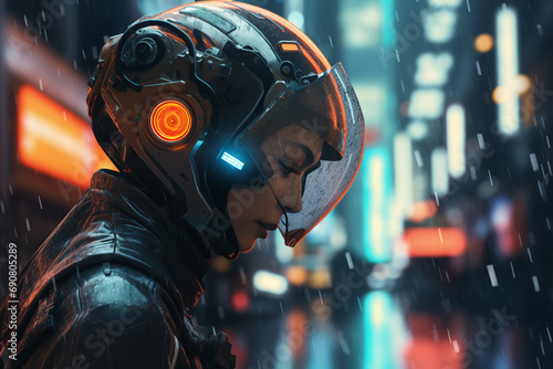 portrait of a girl in a motorcycle helmet against the backdrop of a night city, neon light and rain