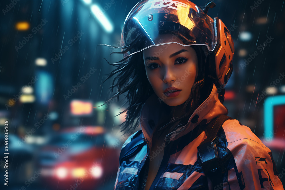 portrait of a girl in a motorcycle helmet against the backdrop of a night city, neon light and rain