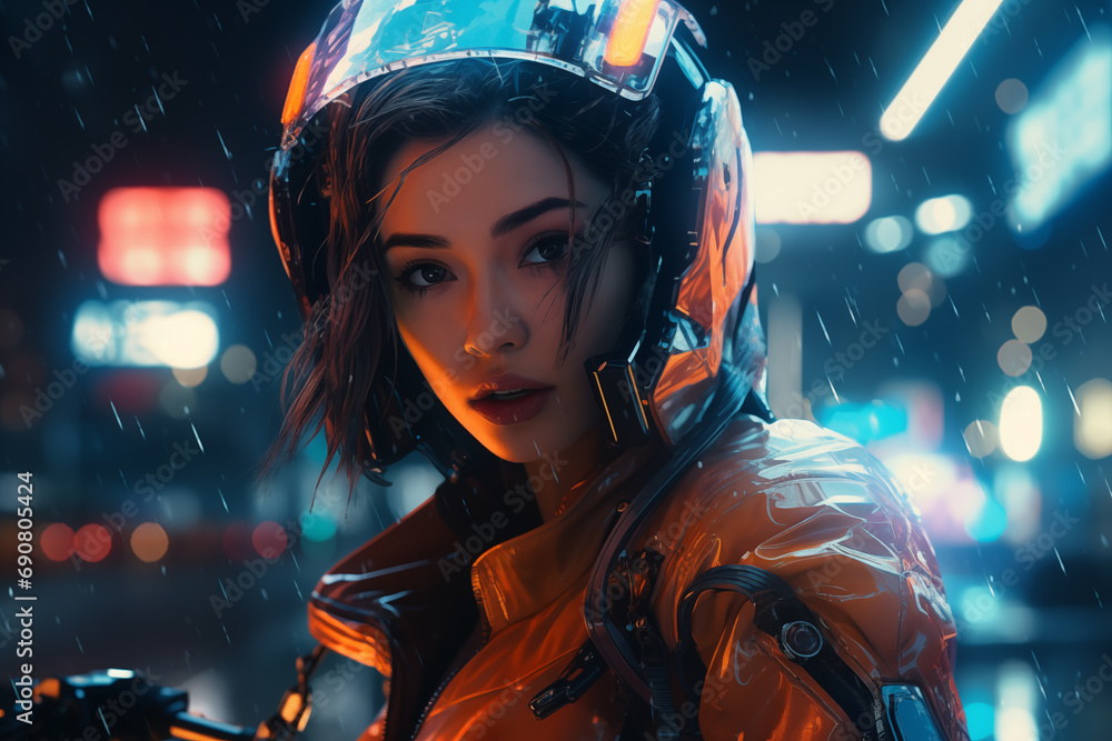 portrait of a girl in a motorcycle helmet against the backdrop of a night city, neon light and rain