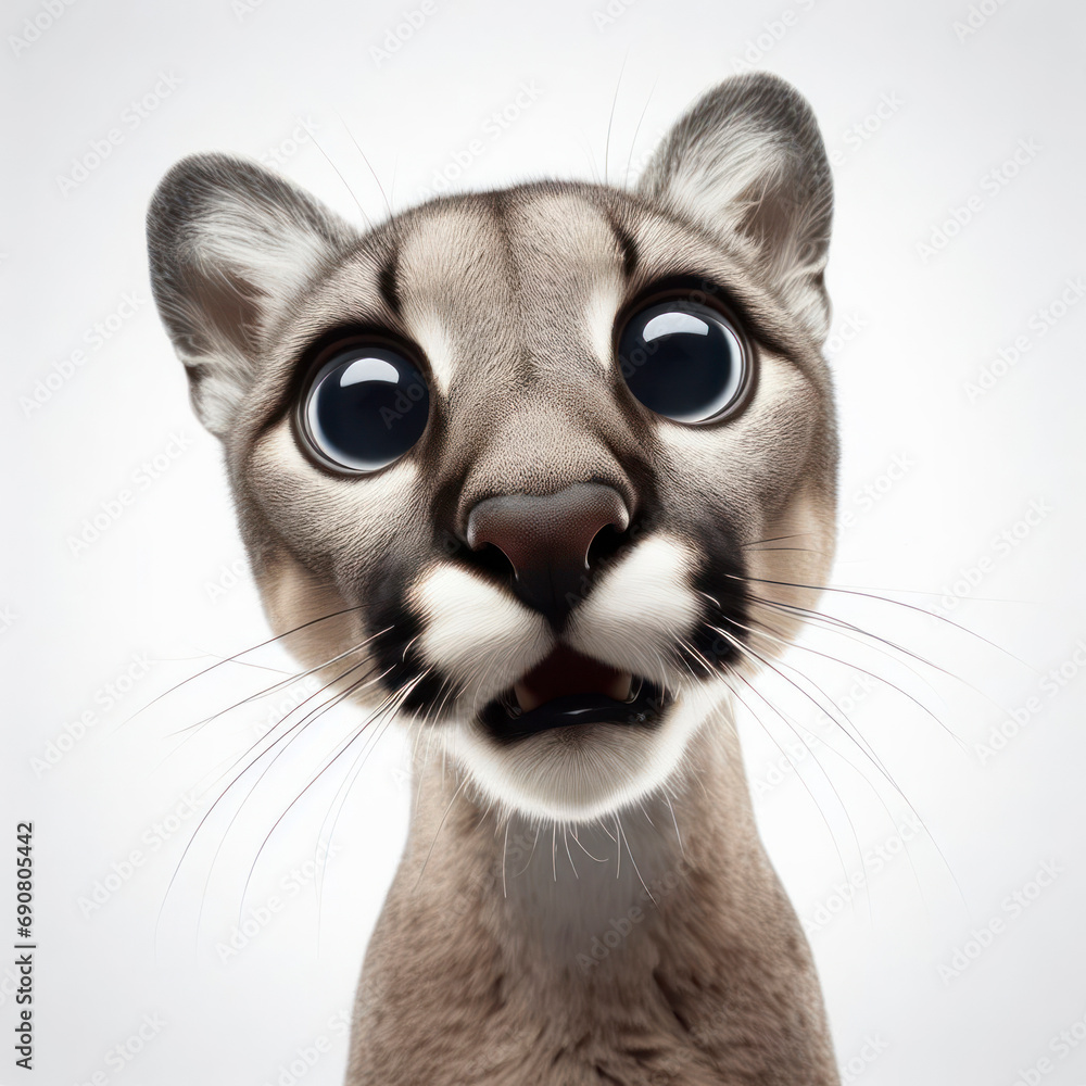 Closeup Funny Portrait of surprised puma with Huge Eyes on solid white background, wide angle shot. ai generative