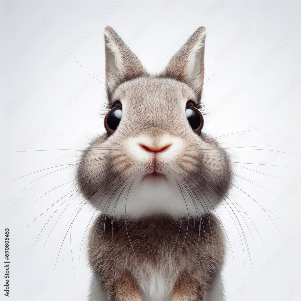 Closeup Funny Portrait of surprised rabbit with Huge Eyes on solid white background, wide angle shot. ai generative Closeup Funny Portrait of surprised rabbit with Huge Eyes on solid white background, wide angle shot. ai generative