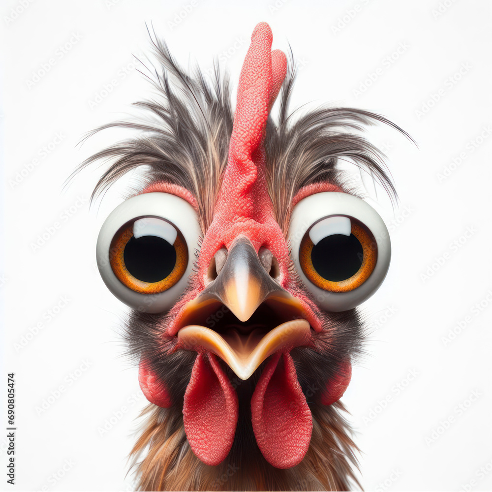 Closeup Funny Portrait of surprised rooster with Huge Eyes on solid white background, wide angle shot. ai generative