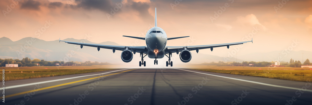 A commercial airplane landing on a runway. Banner image. Generative AI. - obrazy, fototapety, plakaty 