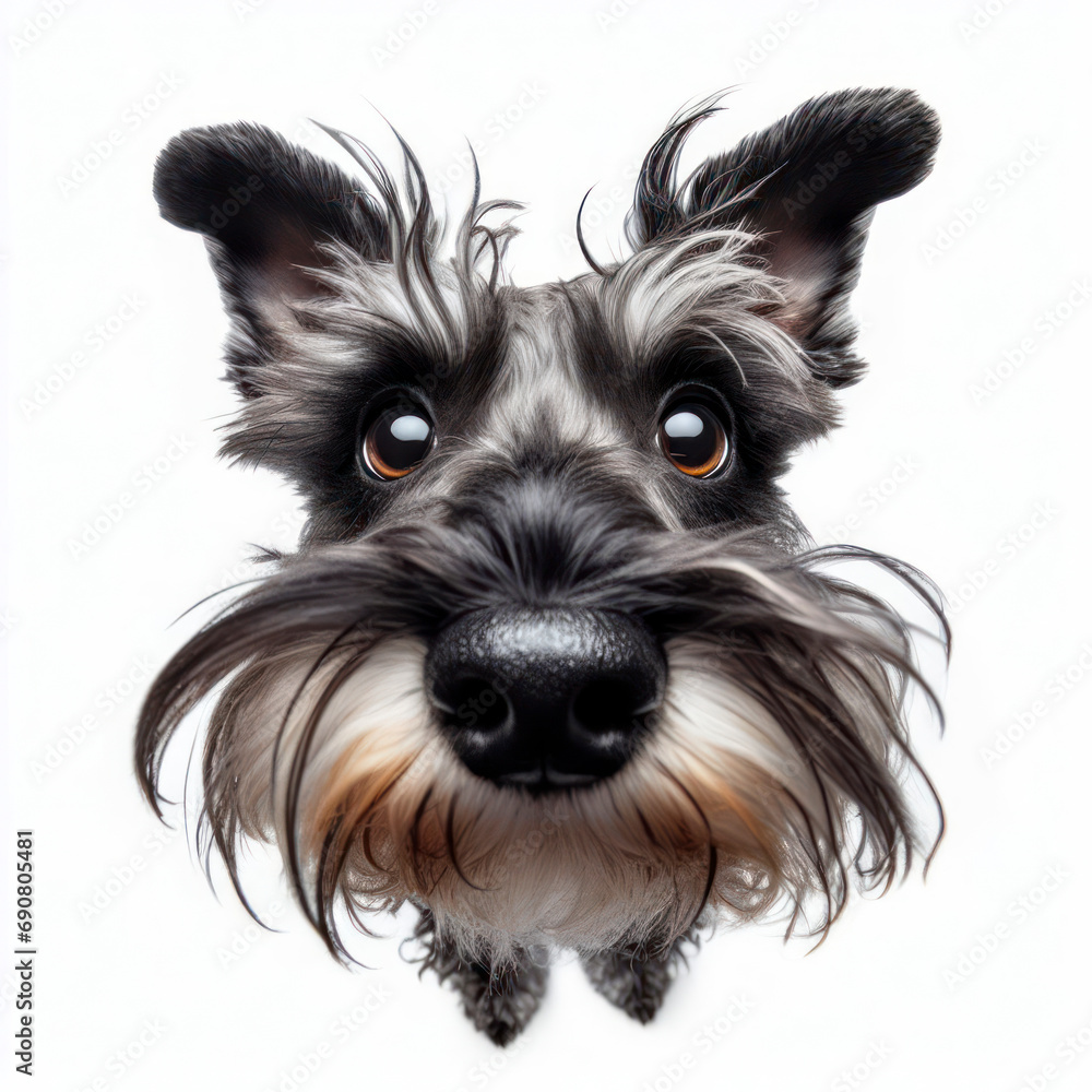 Closeup Funny Portrait of surprised Schnauzer dog with Huge Eyes, wide angle shot. ai generative